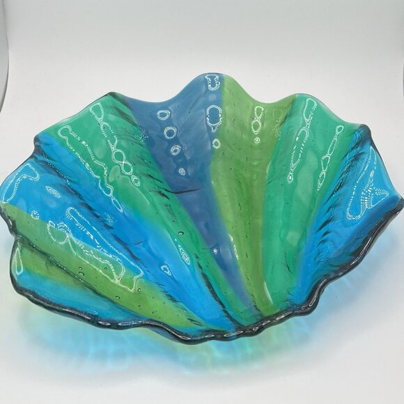 Vintage Blown Art Glass Clamshell Green Blue Bowl Dish MCM Shell Aquatic Ocean - Picture 2 of 10